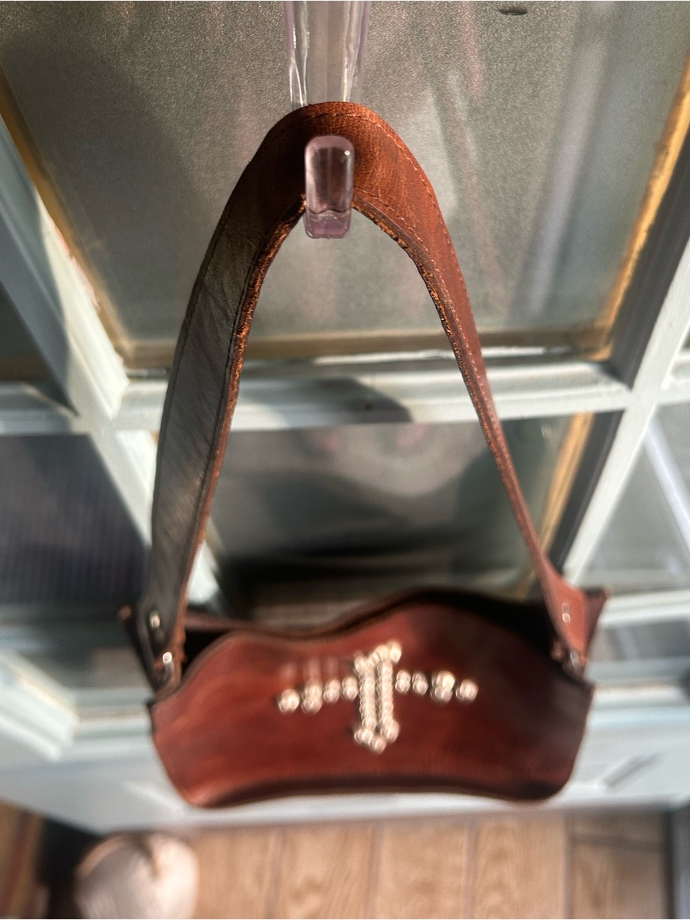 Two Bar West Western Leather Handbag Silver Studded Cross Brown Shoulder Purse - Picture 4 of 11